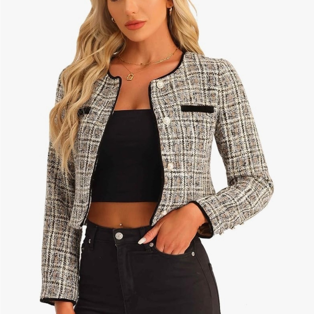 Allegra K Black and White Tweed Blazer